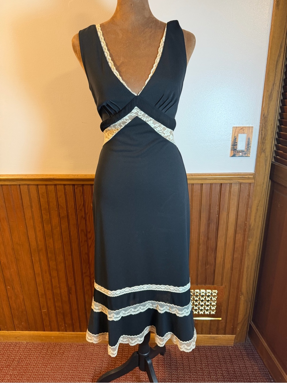 Black Lace-Trim V-Neck Midi Dress